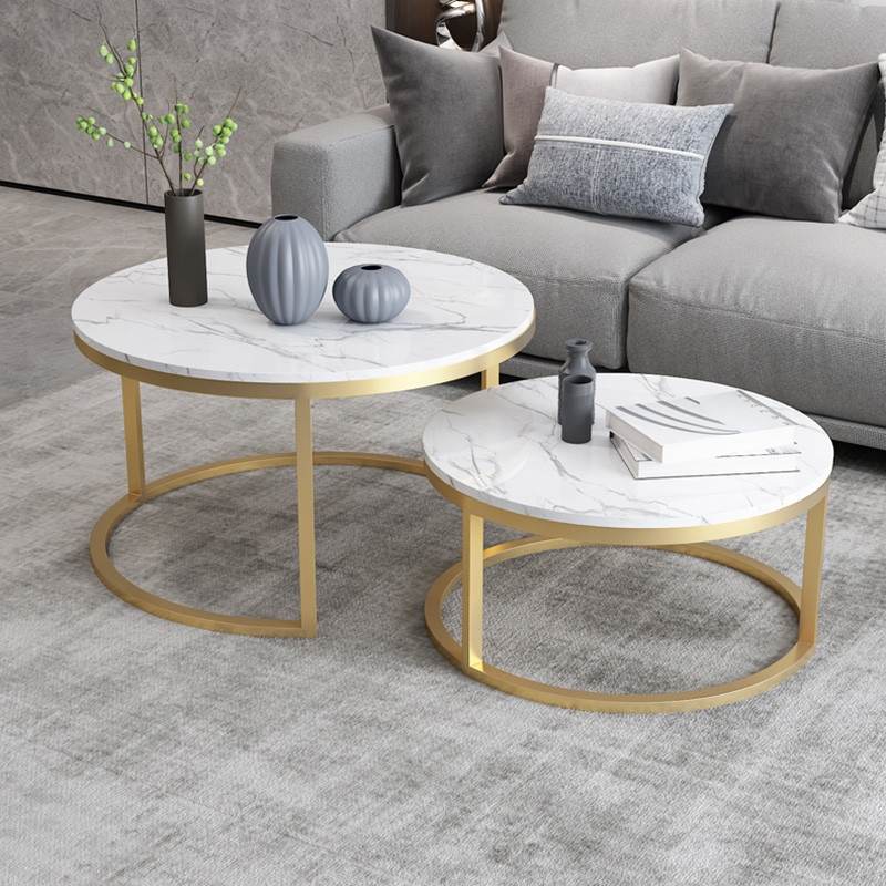 Modern Round Coffee Table Gold Metal  ampWhite Marble Accent Table with Set of 2   Contemporary   Coffee Table Sets   by Homary International Limited  Houzz