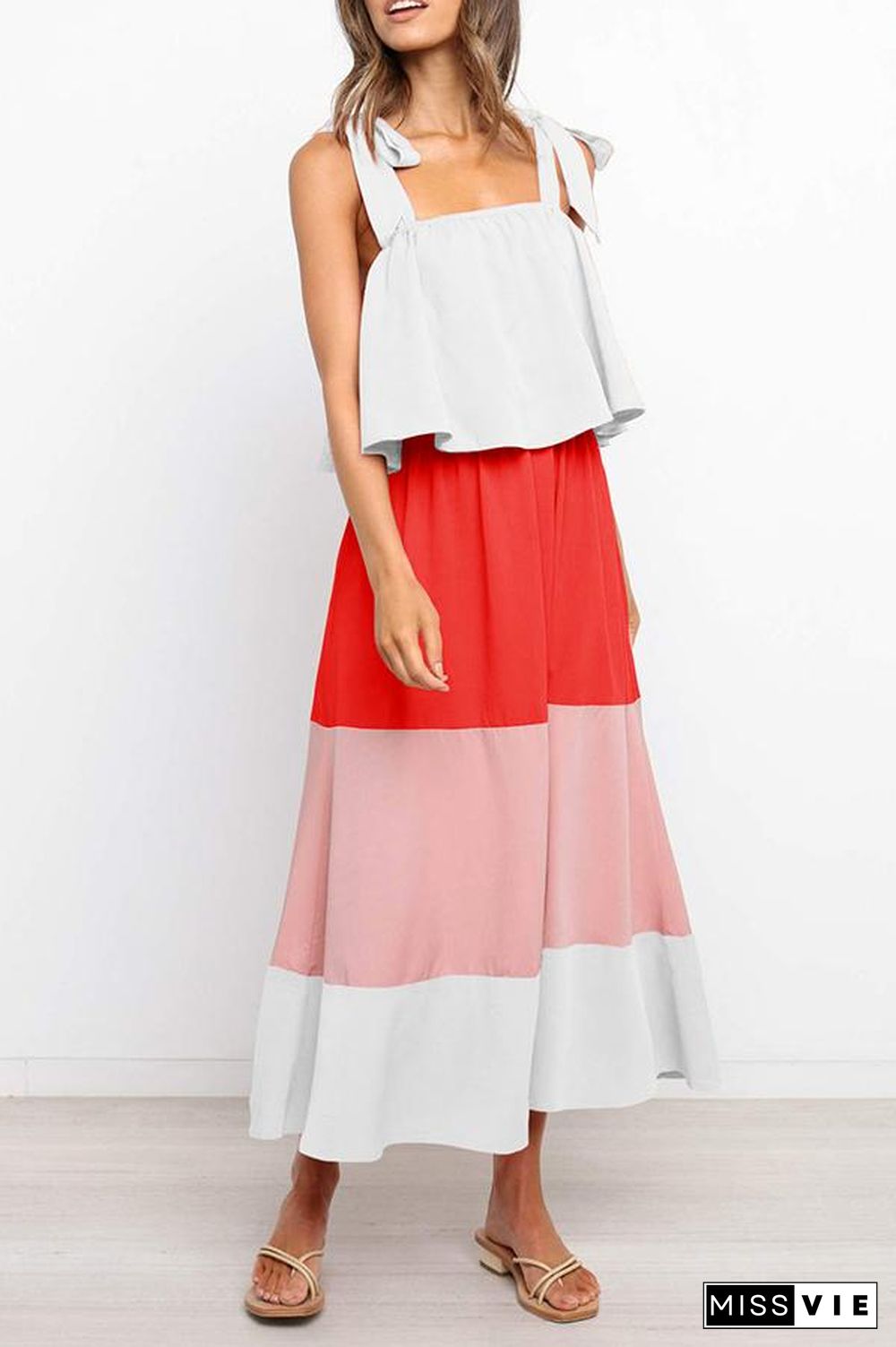 Lace-up Ruffled Colorblock Maxi Dress P13032