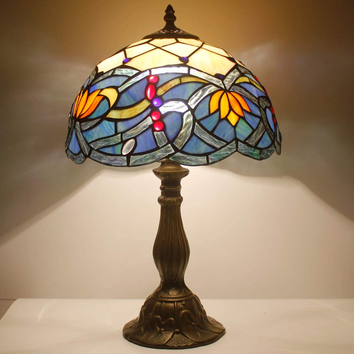 SHADY  Table Lamp Stained Glass Bedside Lamp Blue Lotus Desk Reading Light 12X12X18 Inches Decor Bedroom Living Room Home Office S220 Series