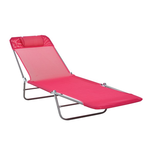 Outsunny Foldable Outdoor Chaise Lounge Chair 5 level Reclining Camping Tanning Chair With Breathable Mesh Fabric And Headrest Pink