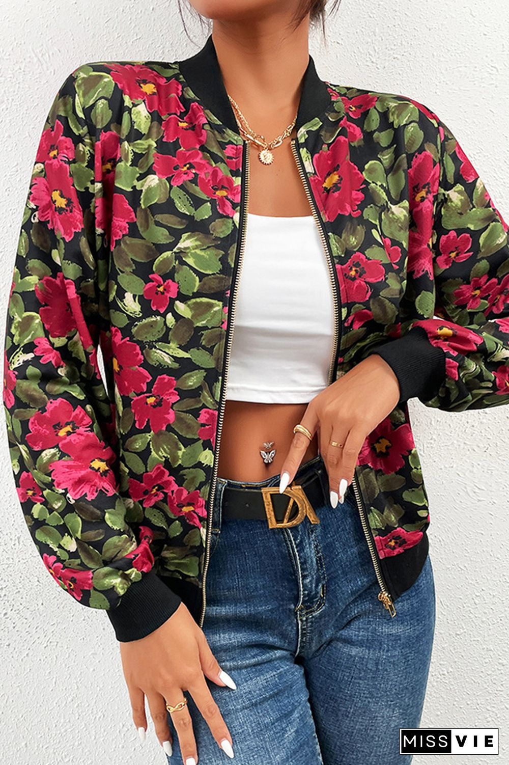 Front Open Zipper Floral Baseball Jacket Coat