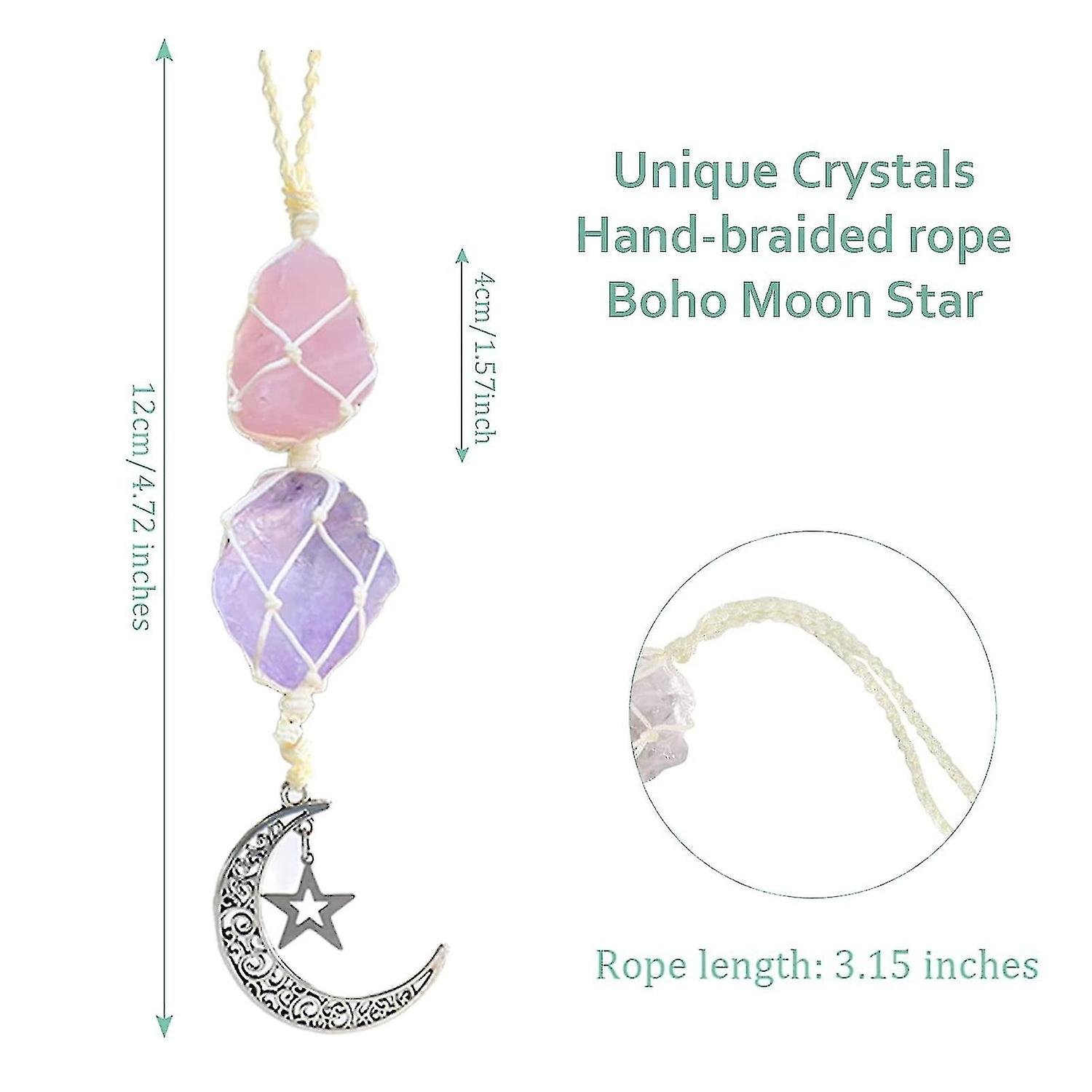 Crystal Car Hanging Ornament， Hanging Car Charm - Rose Quartz， Amethyst - Dangling Moon， Healing Cry