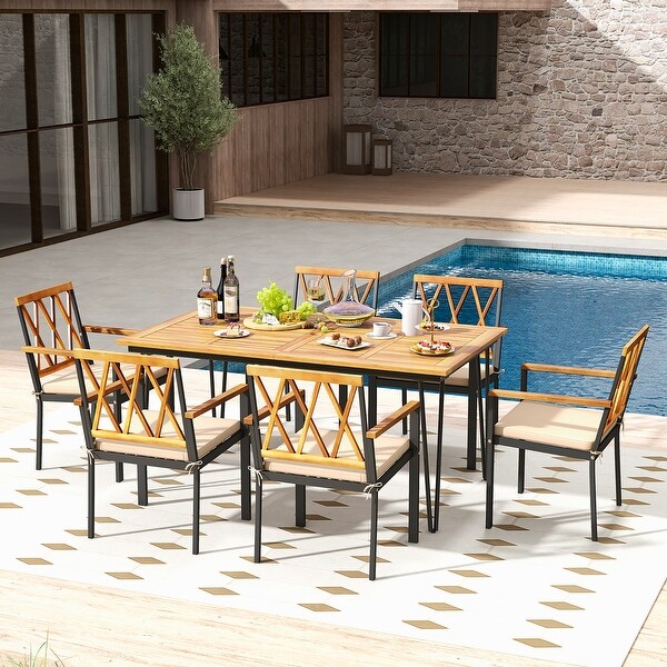 Gymax 7 PCS Patio Dining Set w/ 2'' Umbrella Hole and Seat Cushions