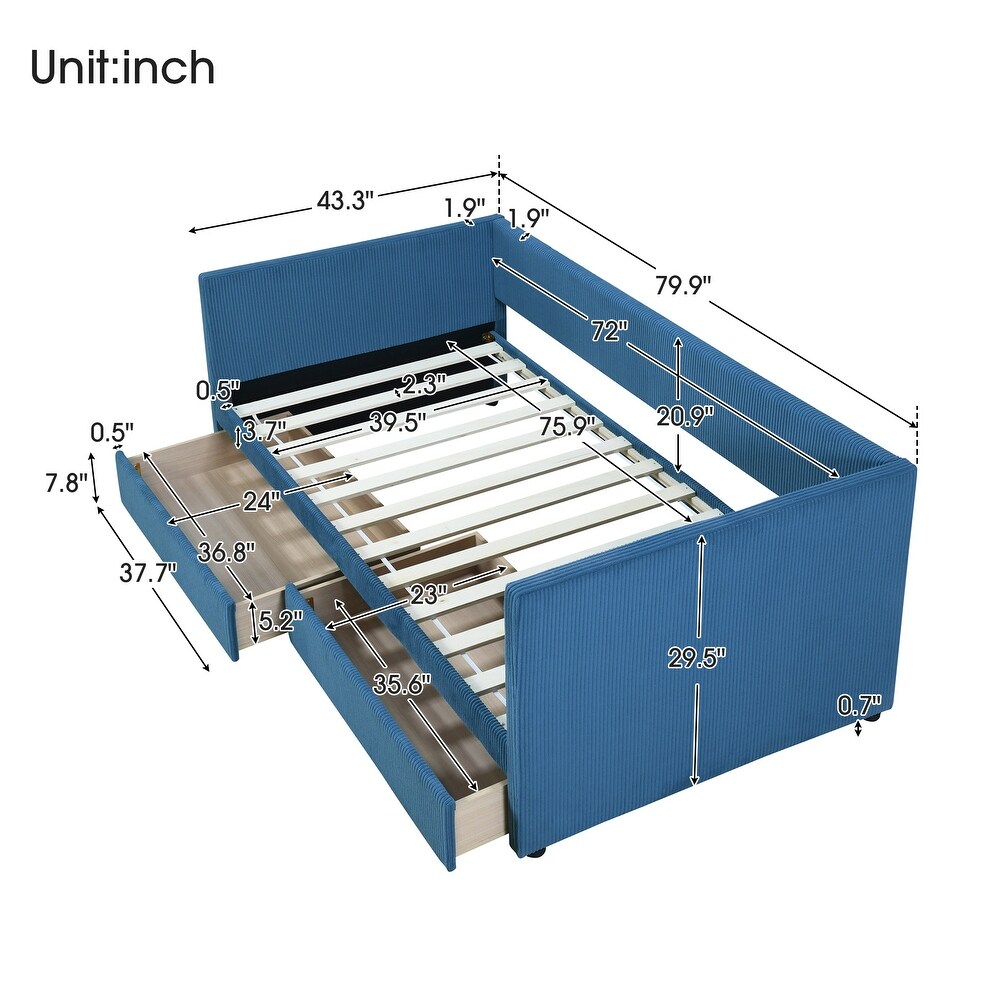 Blue Modern Twin Size Corduroy Daybed with 2 Large Storage Drawers and Solid Wood Slats Support  for Lawn Living Room Mild Rest