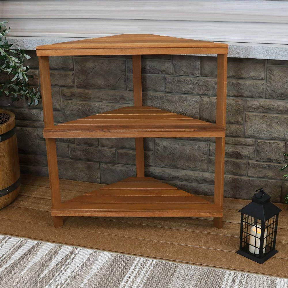 Sunnydaze Decor Meranti Wood Teak Oil 3-Tier Indoor/Outdoor Corner Plant Stand LAM-646