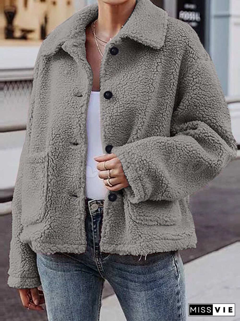 Solid Color Plush Button Pocket Long Sleeve Casual Coat for Women