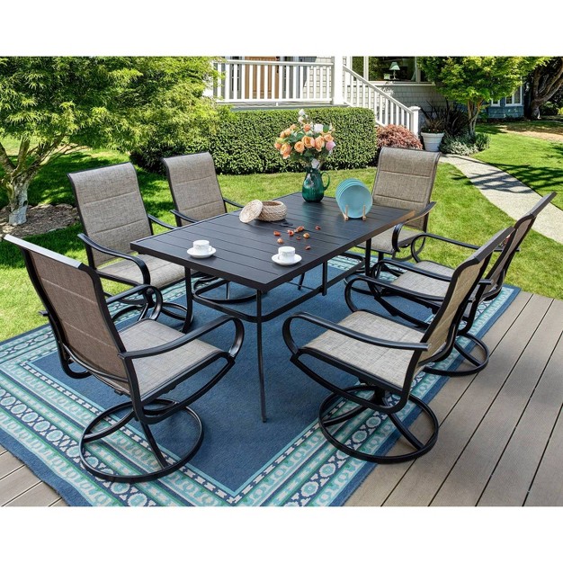 7pc Captiva Designs Patio Dining Set Steel Swivel Arm Chairs Umbrella ready Rectangle Table Weather resistant