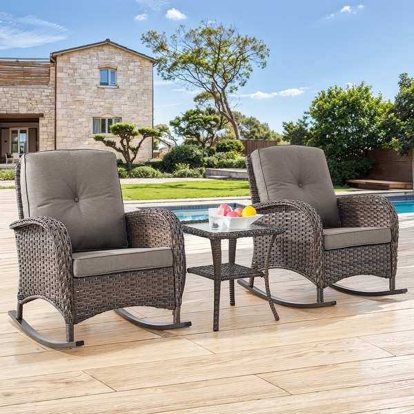 Gymojoy Patio Furniture Set PE Wicker Rocking Chairs and Side Table