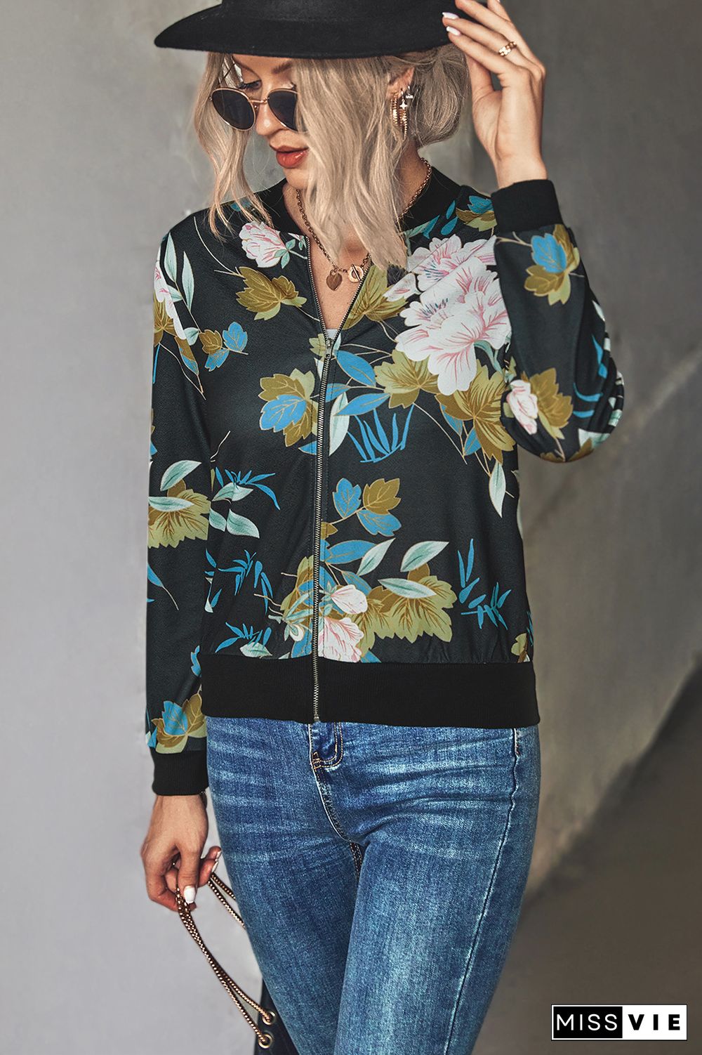 Front Open Zipper Floral Print Jackets