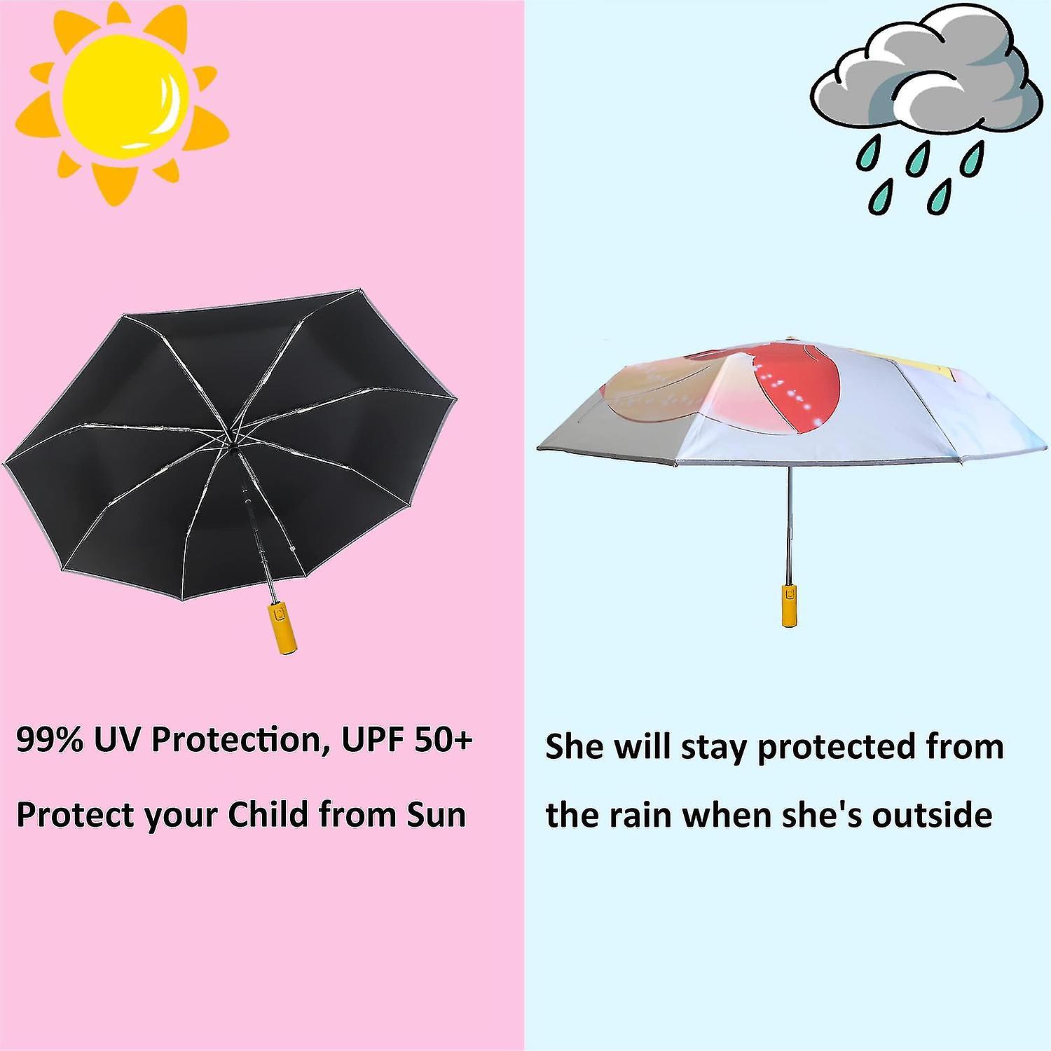 Kids Folding Umbrella Automatic Compact Travel Umbrella For Rain And Sun Uv Protection For Girls And