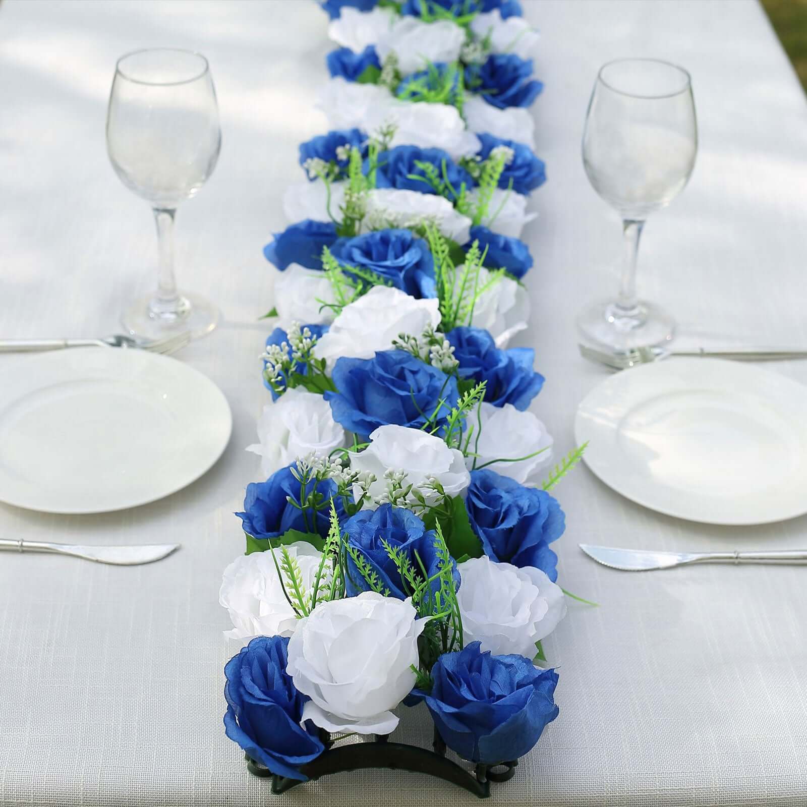 6 Pack White Royal Blue Silk Rose Flower Panel Table Runner, Artificial Floral Arrangements Dining Table Decor - 20