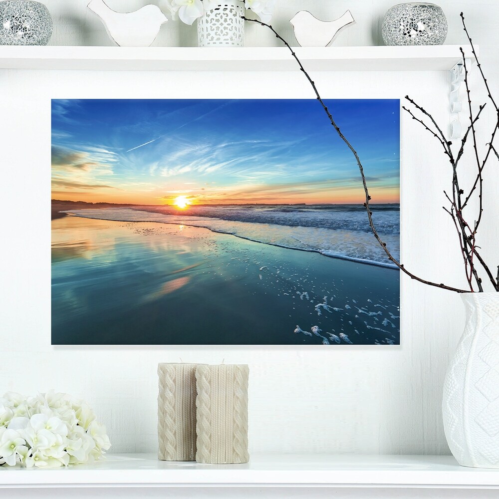 Blue Seashore with Distant Sunset   Seashore Canvas Wall Art