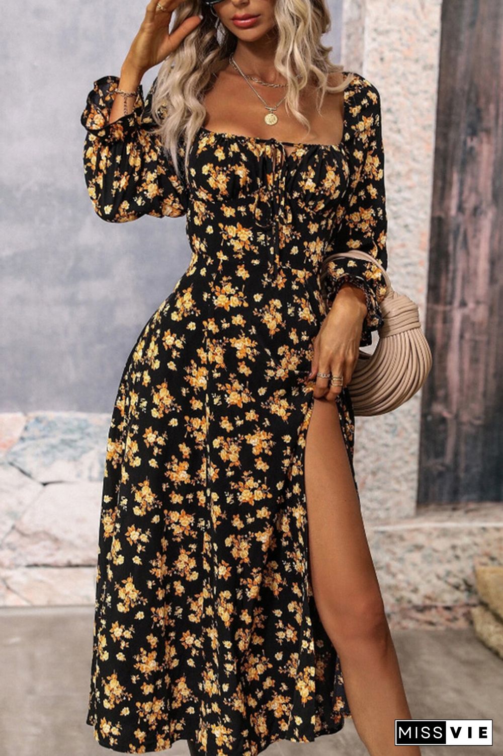 Floral Printed Square Neck Split Collar High Split Maxi Dress