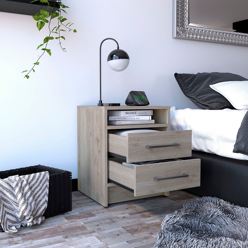 Wooden Nightstand with Two Drawers and Metal Handles