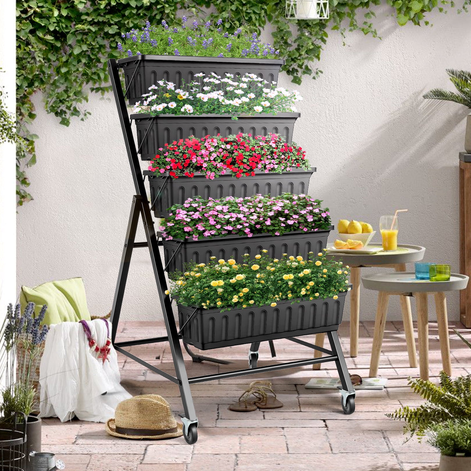 4Foot Vertical Raised Garden Beds with Wheels 5-Tiers Outdoor Garden Beds Elevated Planter Boxes Outside Herb Box 30 in× 26 in× 48 in