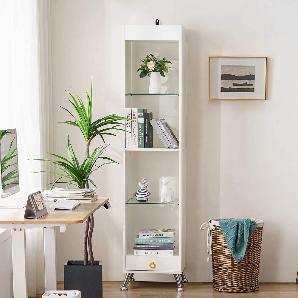 Ivinta Tall Bookshelf for Small Spaces  Narrow Bookcase with Adjustable Glass Display Shelf