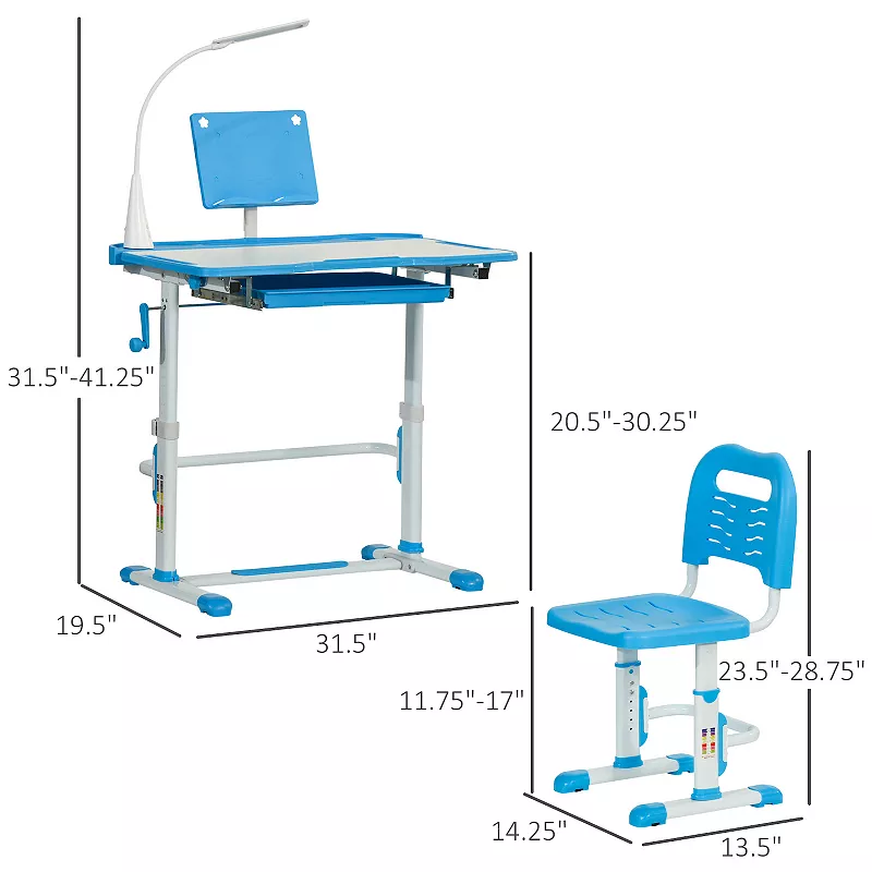 Qaba Kids Desk and Chair Set Height Adjustable School Study Table and Chair Student Writing Desk with Tilt Desktop LED Lamp Pen Box Drawer Reading Board Cup Holder and Pen Slots Blue