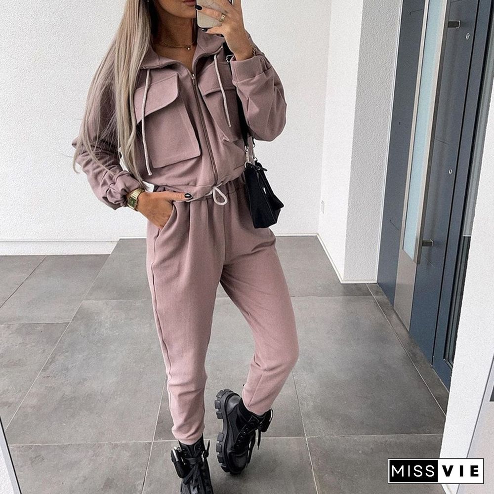 Spring Autumn Sportswear Outfits Women Fashion Zipper Cardigan And Elastic Waist Pants Tracksuit Casual Solid 2pcs Suit Set