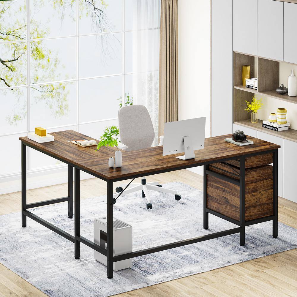 TRIBESIGNS WAY TO ORIGIN Perry 59 in. L-Shaped Brown Wood 2-Drawer Computer Desk with File Cabinet Home Office Desk Workstation HD-JW0479-HYF