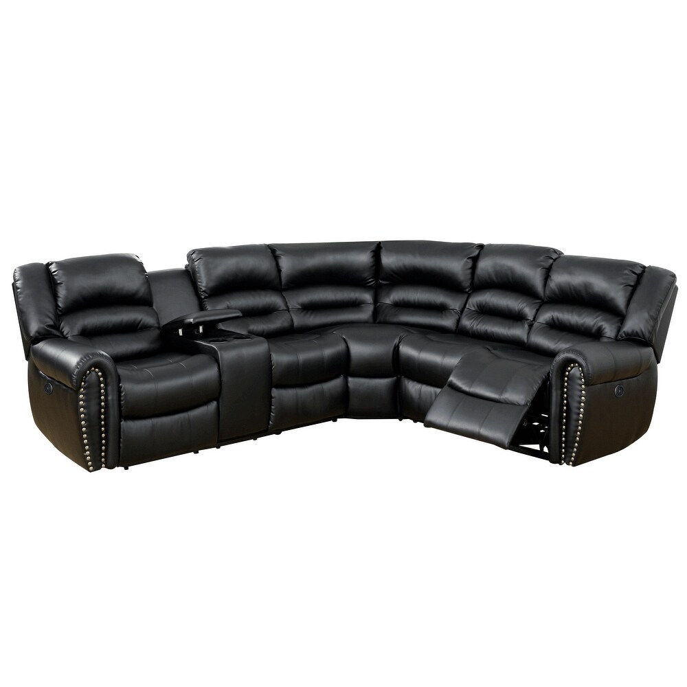 Qox Power Reclining Sectional Sofa Set  USB Port  Bonded Leather  Black