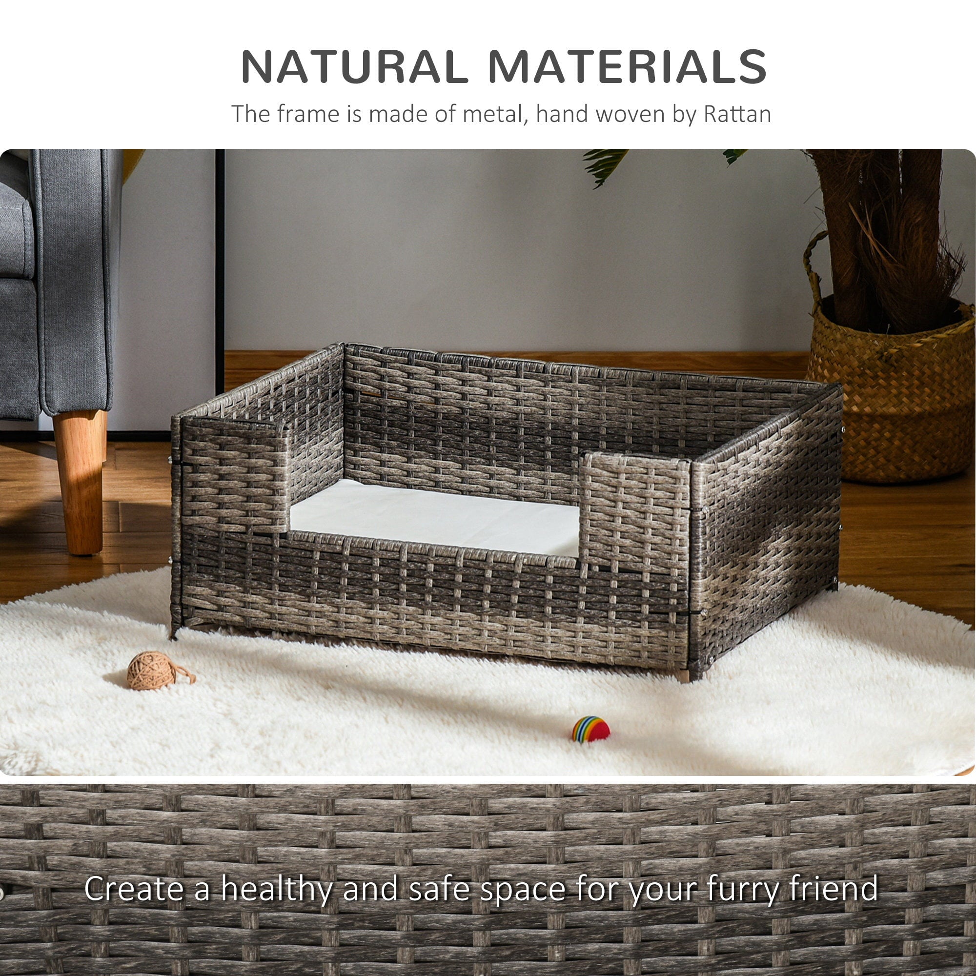 PawHut Rattan Pet Bed Raised Wicker Dog Sofa w/ Washable Water-resistant Cushion