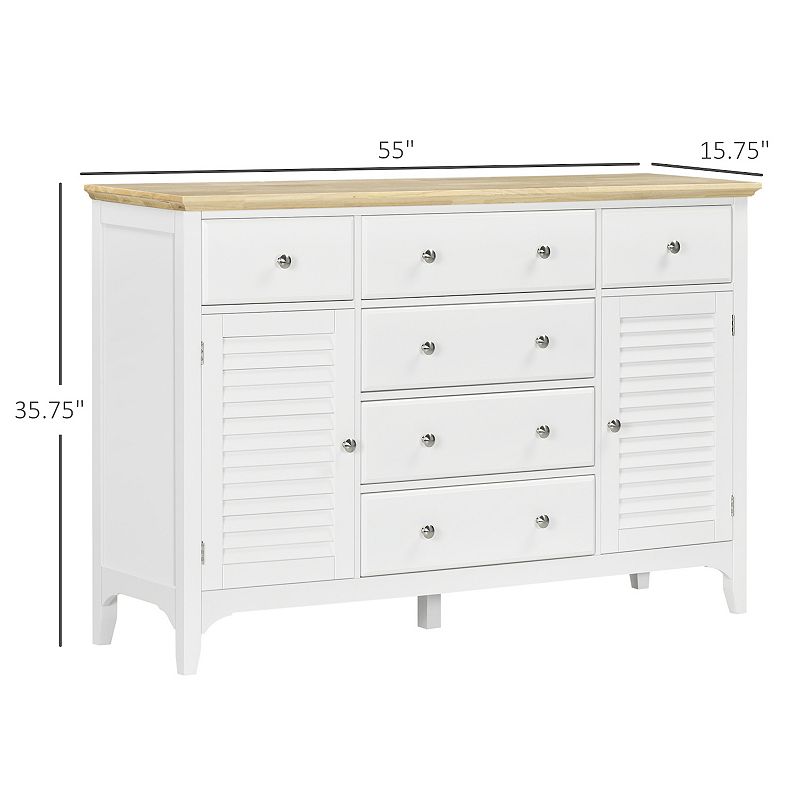 HOMCOM Modern Sideboard with Drawers， Buffet Cabinet with Storage Cabinets， Rubberwood Top and Adjustable Shelves for Living Room， Kitchen， White