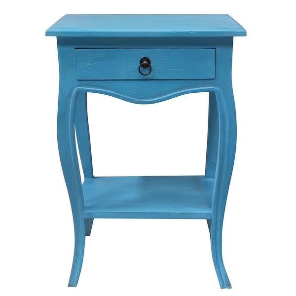 Paris - Side Table With A Single Drawer And Shelf - Solid Mindy Wood - Natural Wood Finish - Antique Blue Finish