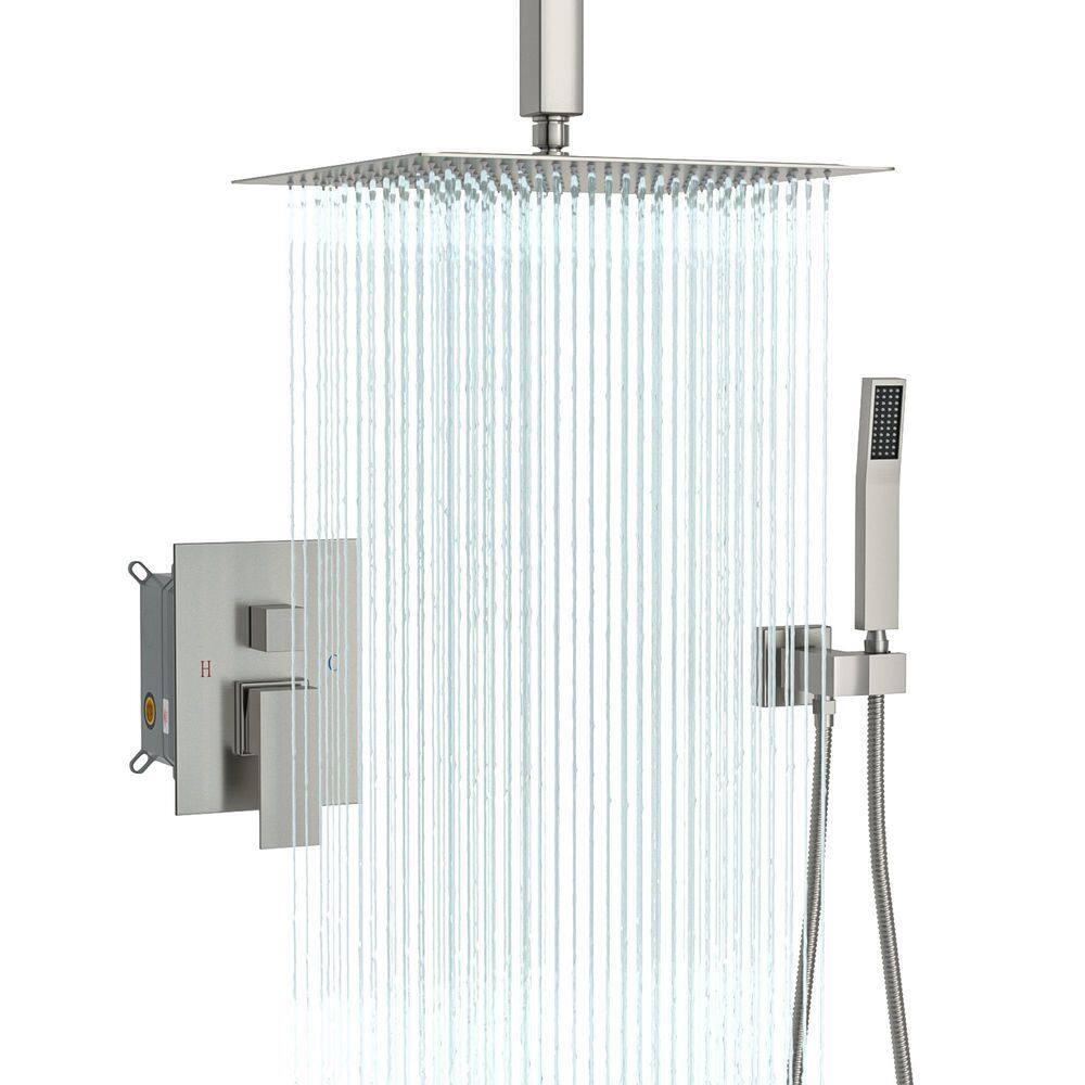 Logmey 2-Spray Patterns with 1.8 GPM 10 in. Ceiling Mount Dual Shower Head and Rain Mixer Shower Combo in Brushed Nickel LM-SLF16010Z-SS