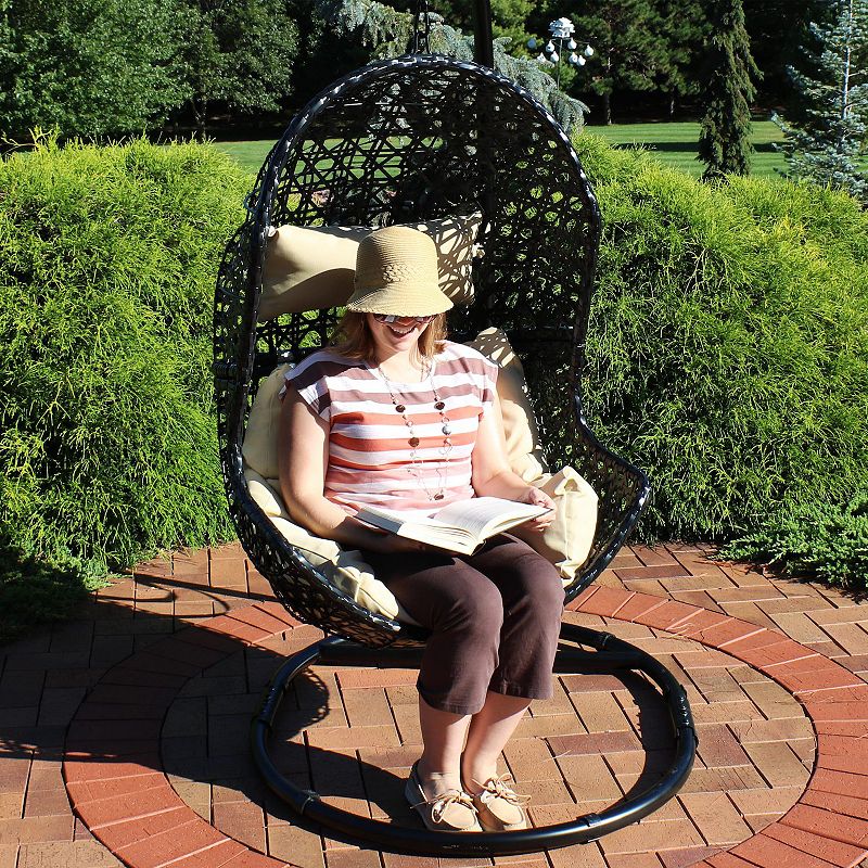 Sunnydaze Lauren Hanging Egg Chair - Resin Wicker - Beige Cushions