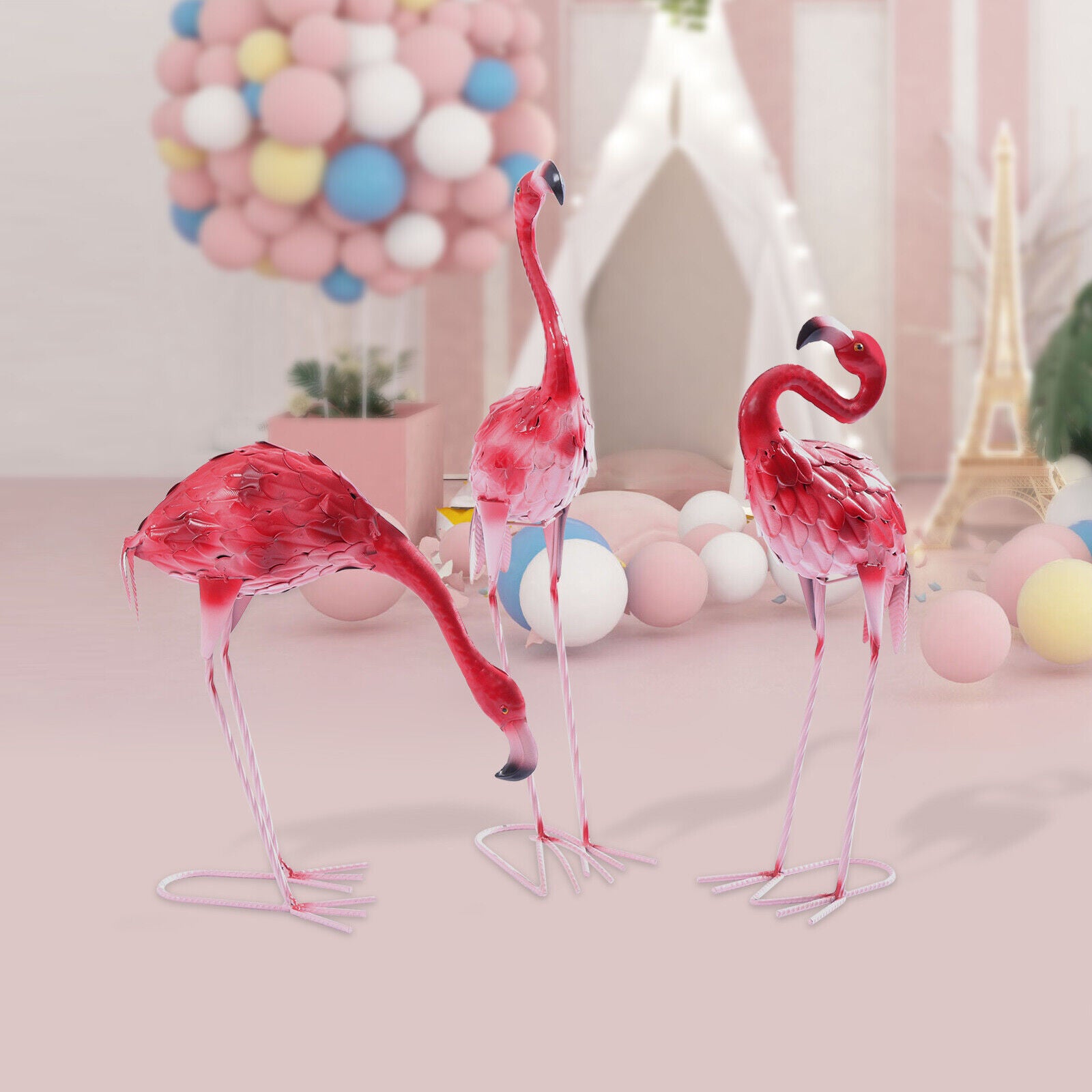 Flamingo Garden Statue Metal Sculpture Pink Animal Yard Art 3Pcs Modern Detachable Metal Vintage Garden Lawn Yard Flamingo Outdoor Statue Creative Three Little Flamingo Garden Iron