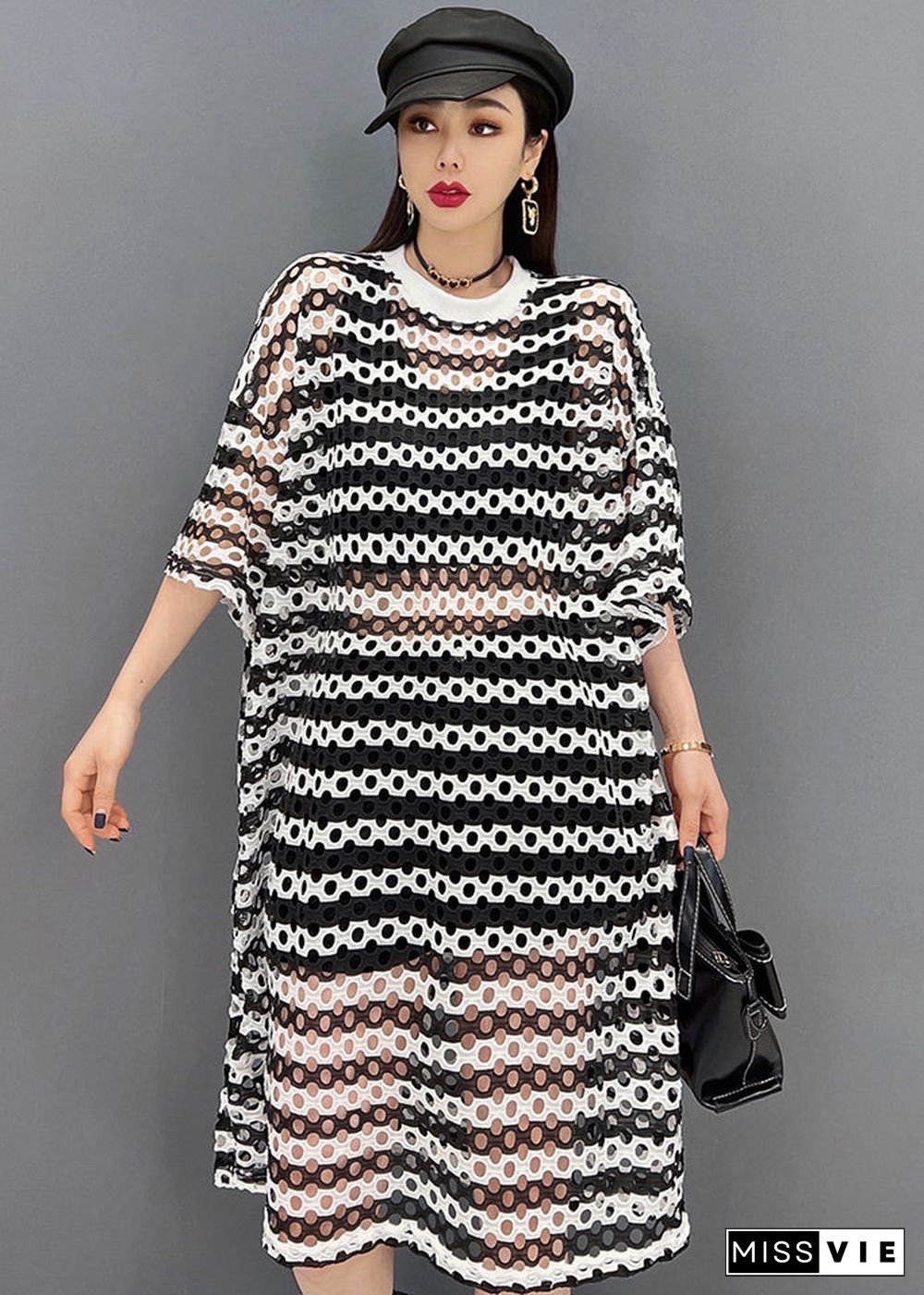 Women Grey O-Neck Striped Print Hollow Out Tulle Vogue Dress Half Sleeve