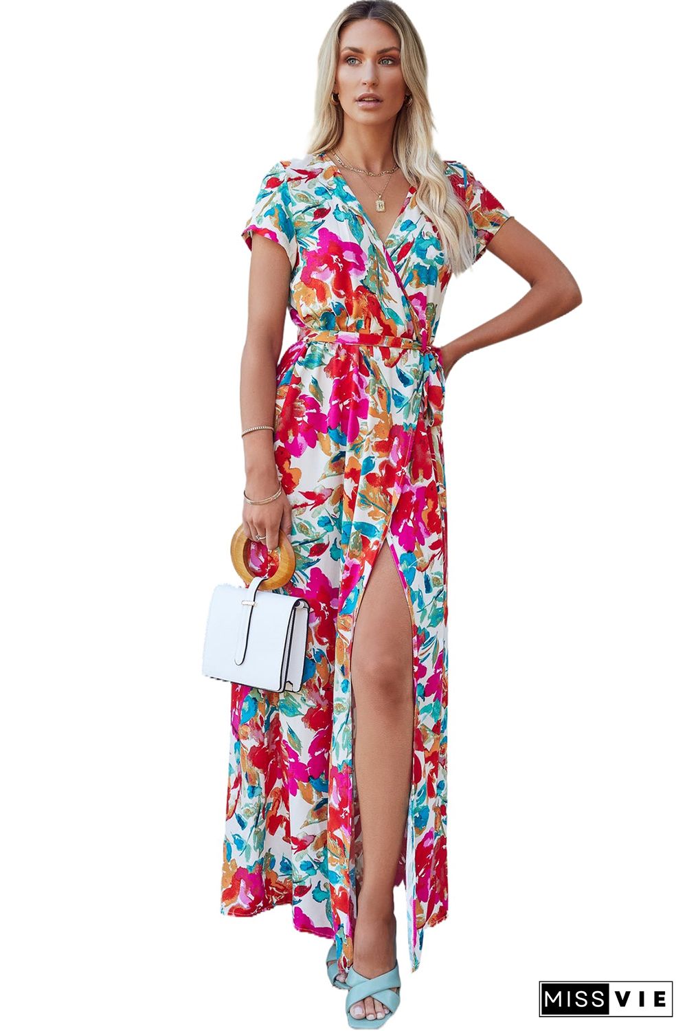 Rose Wrap V Neck Short Sleeve Floral Maxi Dress