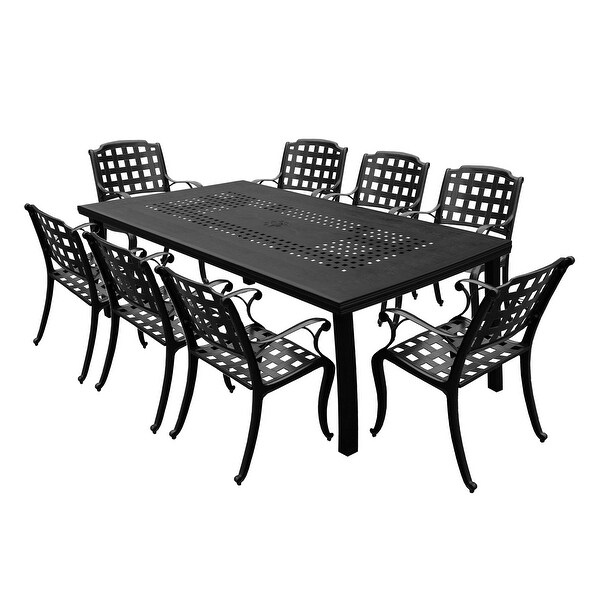 Modern Outdoor Mesh Lattice Aluminum 95in Large Rectangular Patio Dining Set with Eight Arm Chairs