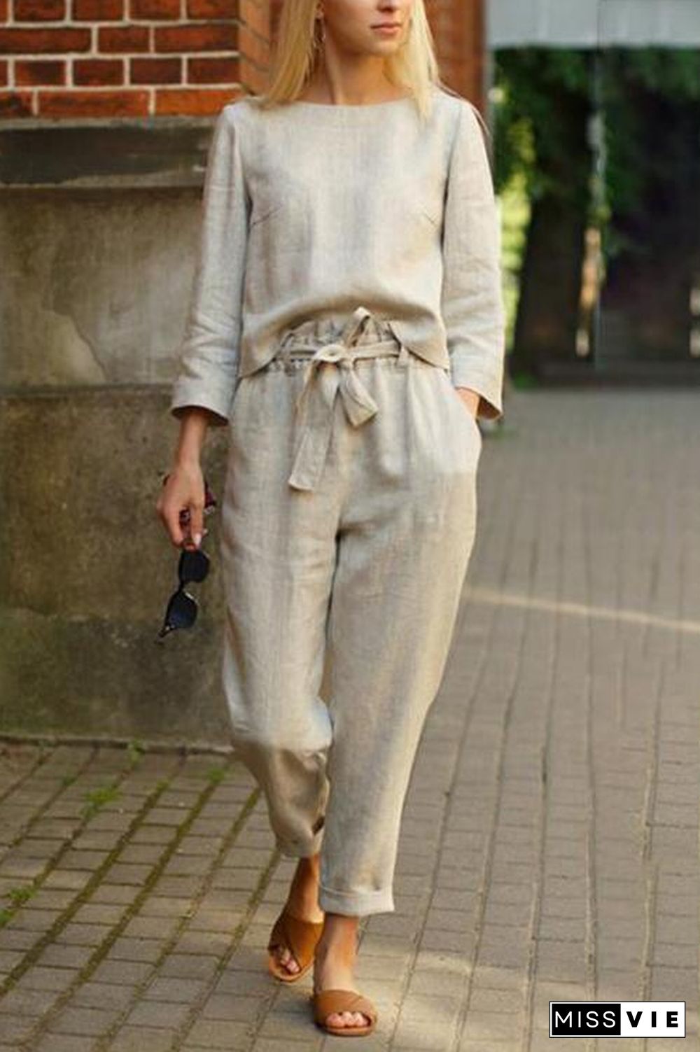 Linen O Neck Long Sleeve Pants Set