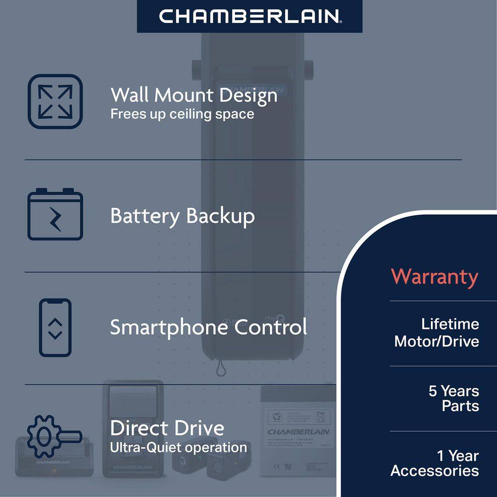 Chamberlain Wall Mount Direct Drive Ultra Quiet Garage Door Opener with Battery Backup RJO70