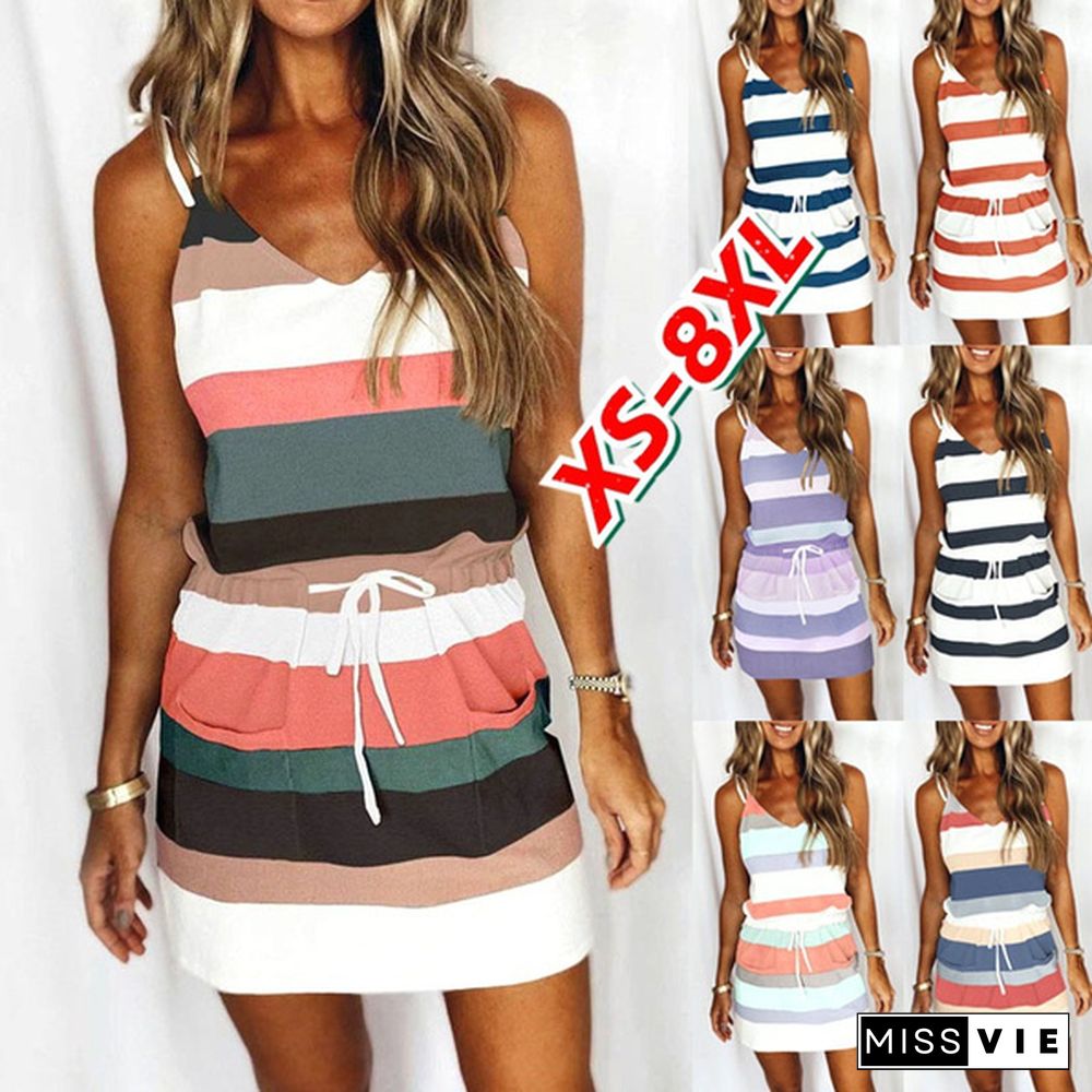 XS-8XL Spring Summer Dresses Plus Size Clothes Women's Causal Sleeveless Dresses Loose Striped Printed Dress String Lace Up Mini Dress Ladies Bodycon Beach Dress Slim Fit Pockets Hip Pacackage Dress Club Wear Off Shoulder Short Party Dress