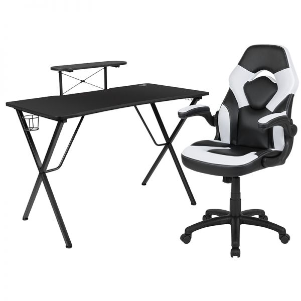 Optis Black Gaming Desk and White/Black Racing Chair Set with Cup Holder， Headphone Hook， and Monitor/Smartphone Stand