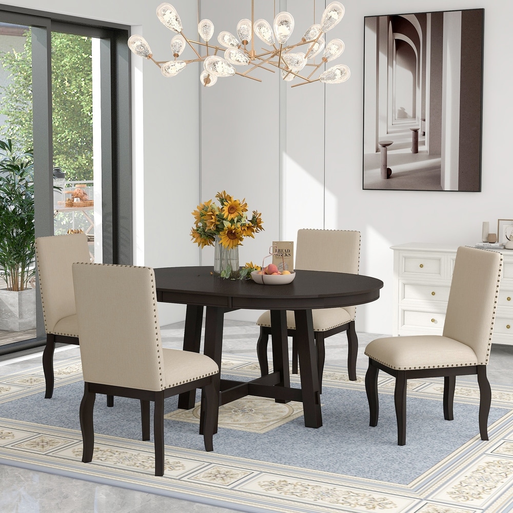 Farmhouse 5 Piece Wood Dining Table Set with Extendable Dining Table and Upholstered Armrests Dining Chairs for Dining Room