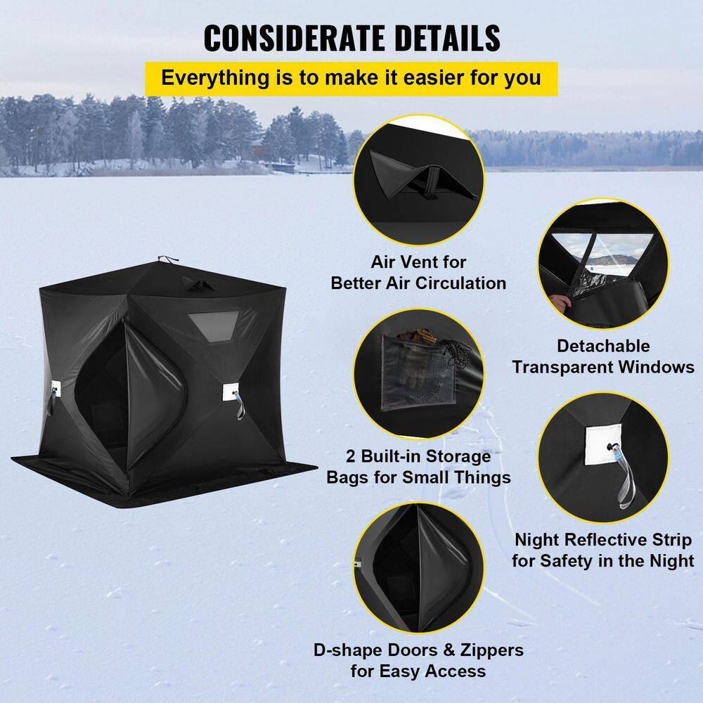VEVOR Pop-Up Ice Fishing Tent 2 To 3 Person Portable Ice Shelter with Waterproof Oxford Fabric for Winter Fishing Black HSBDZP00000000001V0