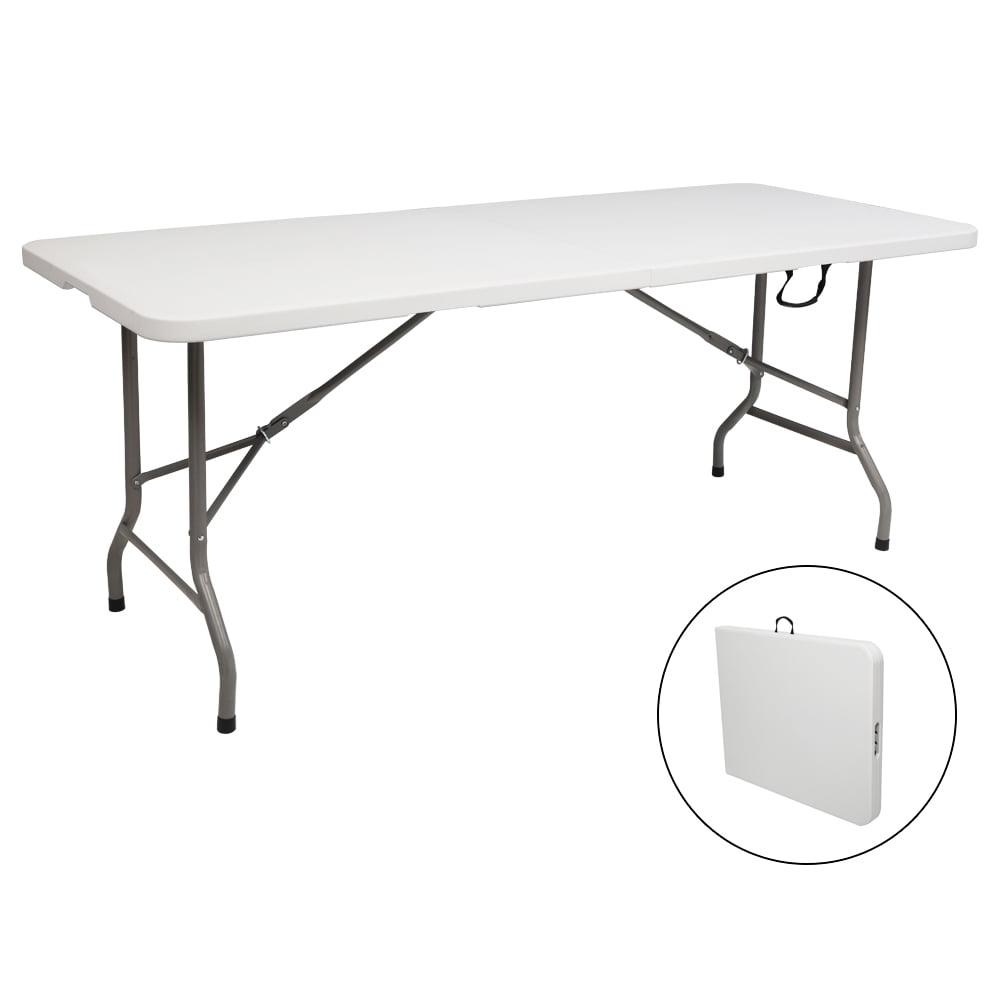 Small Folding Table， 6FT Portable Folding Plastic Dining Table with Carrying Handle， Indoor Outdoor Table for Picnic， Party， Camping， BBQ， Anti-Slip Foot and Easy Setup， JA1664