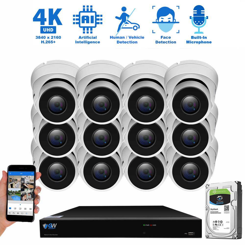 GW Security 16-Channel 8MP 4TB NVR Smart Security Camera System w 12 Wired Bullet Cameras 3.6 mm Fixed Lens Artificial Intelligence GW8536MIC12-4T