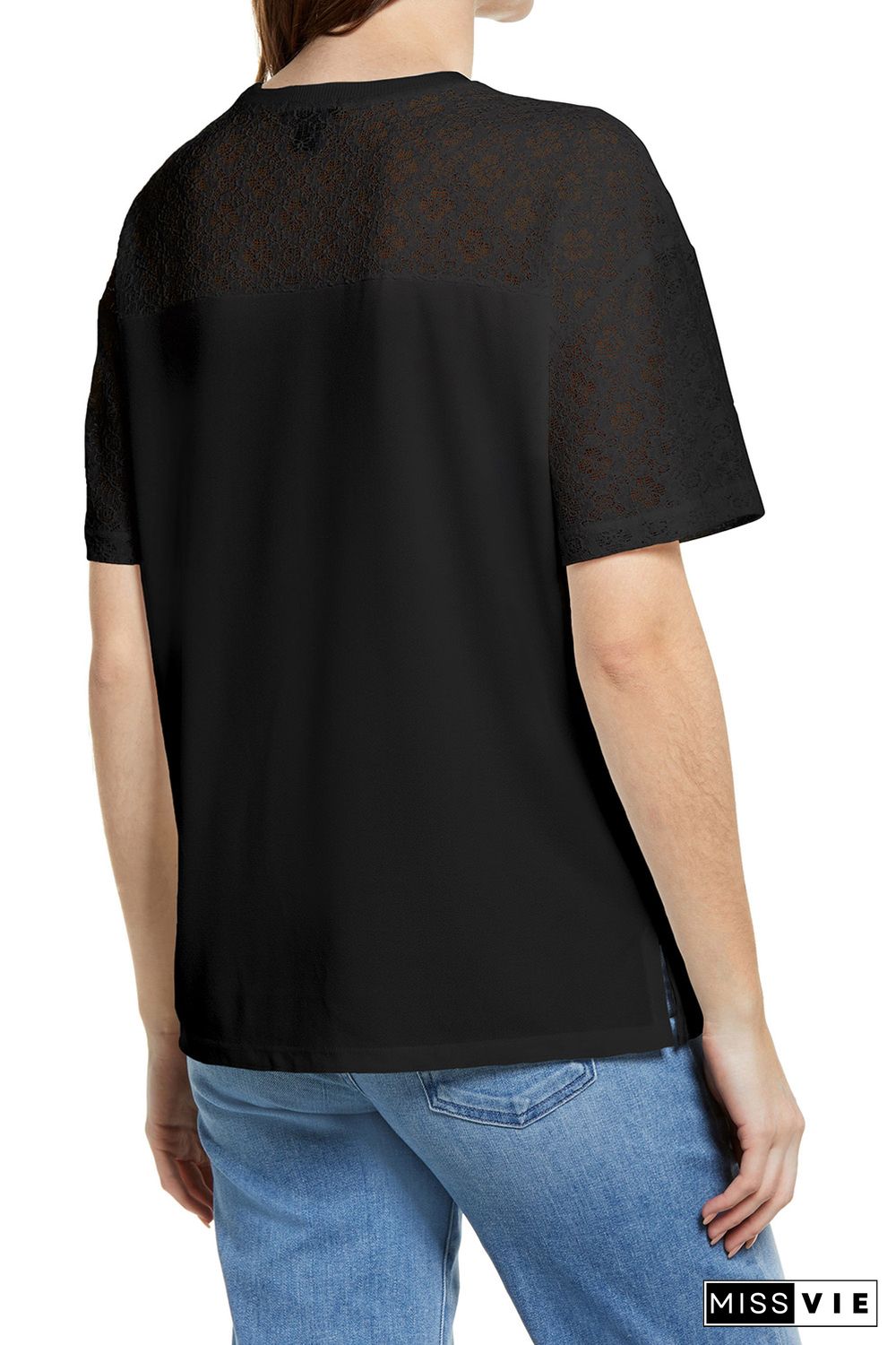 Black Plain Lace Stitching Short Sleeve Tee