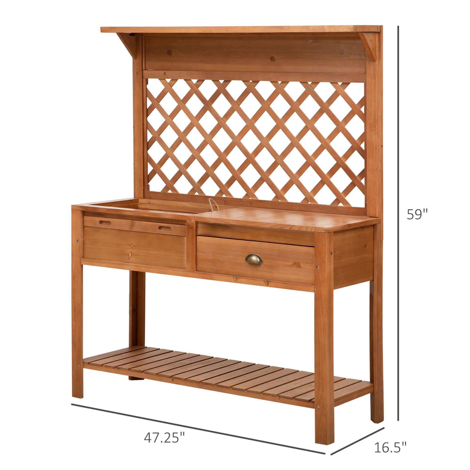 Dcenta 48'' Garden Wooden Potting Bench Table w/ Metal Screen, Draining Area, Side Hooks, Drawer, Open Upper/Lower Shelf