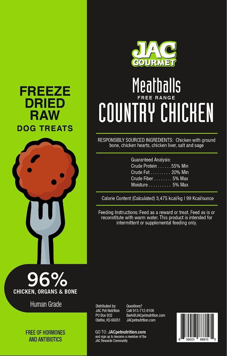 JAC Pet Nutrition Meatballs Free Range Country Chicken Grain-Free Freeze-Dried Raw Dog Treats