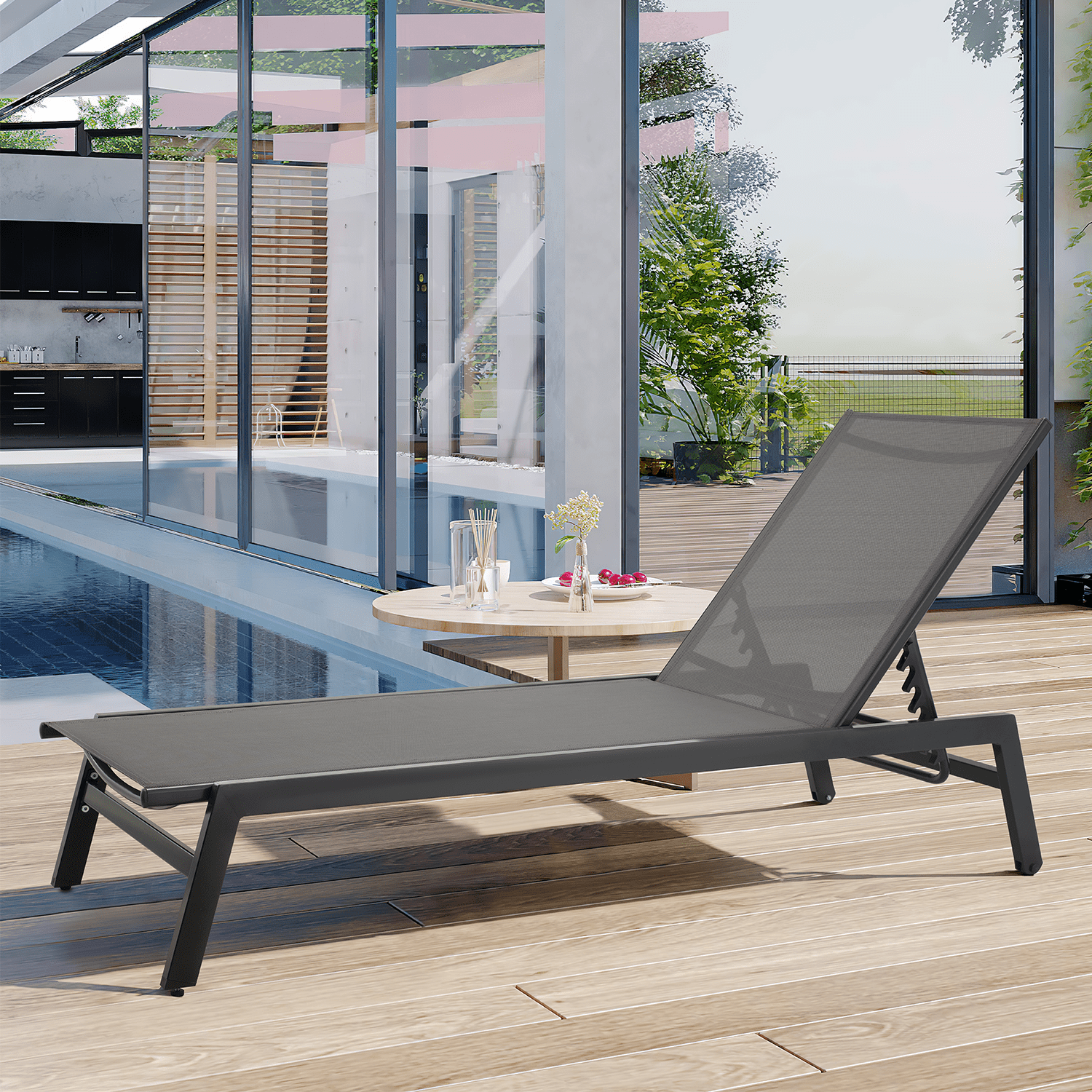 Mellcom Outdoor Chaise Lounge Chair with Wheels and Mesh Seat,Aluminum Reclining Chair