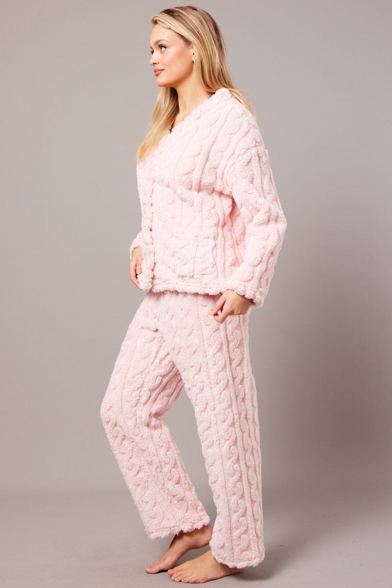 Pink Fluffy PJ Set Cable Fleece Pyjamas