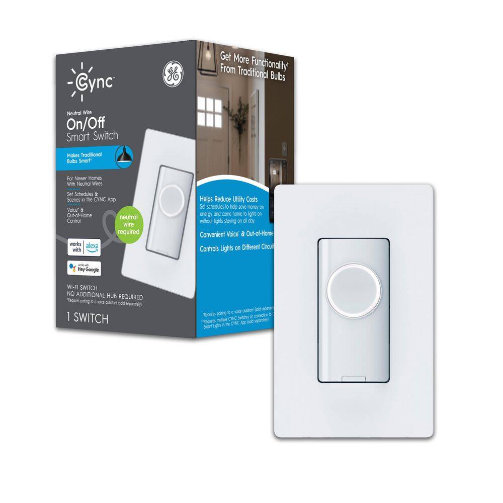 Cync 1.5 Amp Single-Pole3-Way Smart 4-Wire Illuminated Button Style Light Switch with Wall Plate White 93105002