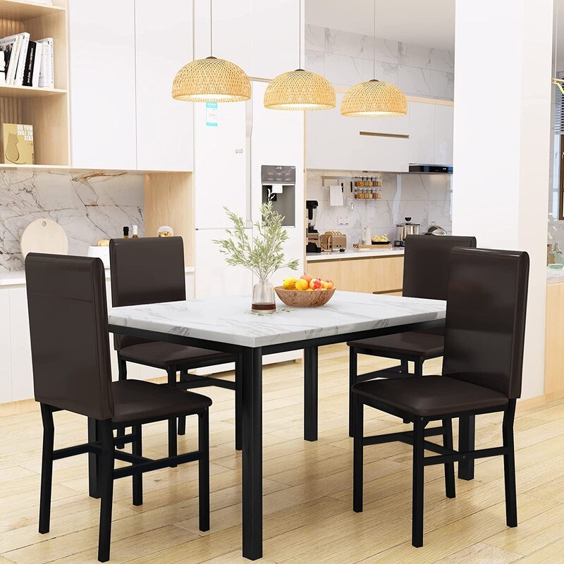 Mieres 5 Pieces Faux Marble Dining Table Set with 4 Upholstered PU Leather Chairs