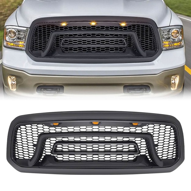 American Modified Rebel Grille Heavy Duty Front Grille Cover With Amber Led Lights Compatible With 2013 2018 Dodge Ram 1500 Truck Matte Black