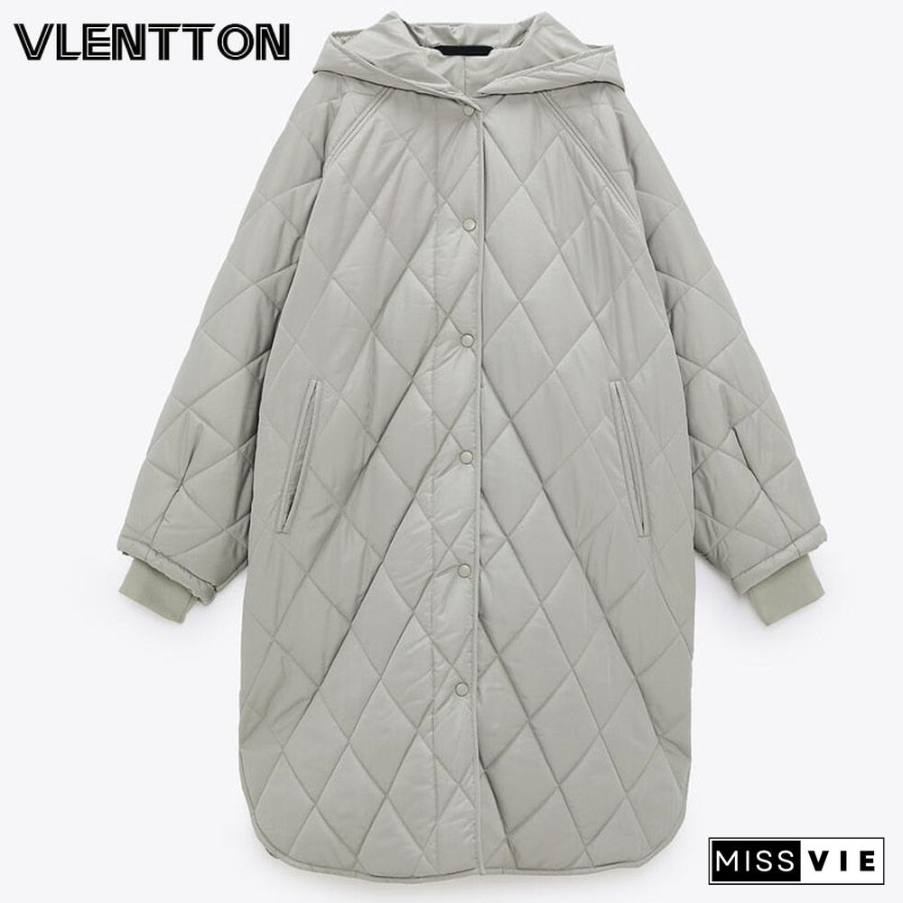 New Winter Oversize Fashion Vintage Plaid Hooded Parka Women Casual Pockets Cotton Jackets Coat Loose Long Outwear Female